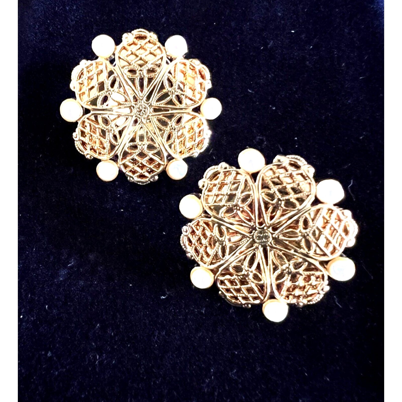 Vintage Designer Monet Filigree Faux Pearl Pierced Gold Tone Earrings